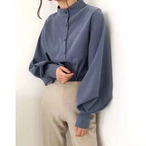 Lantern Sleeve Blouse pastel blue button down XL but see measurements